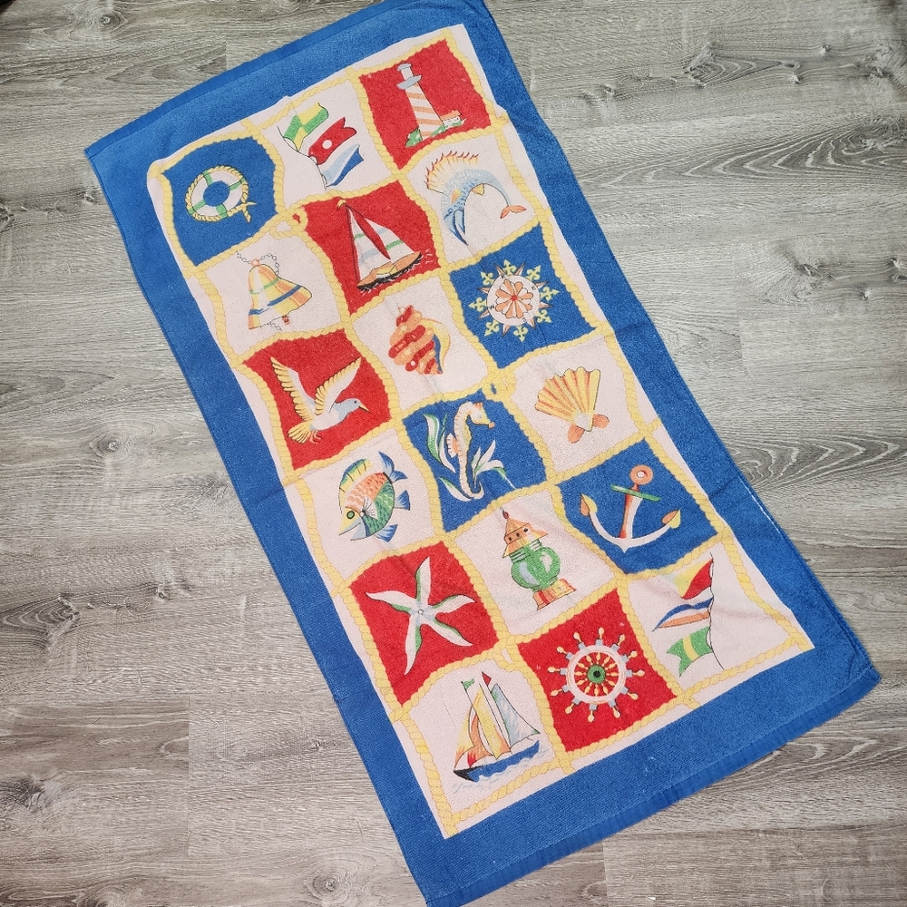 90s VINTAGE Flag Beach Pool Towel Nautical Sailboat Wheel Anchor